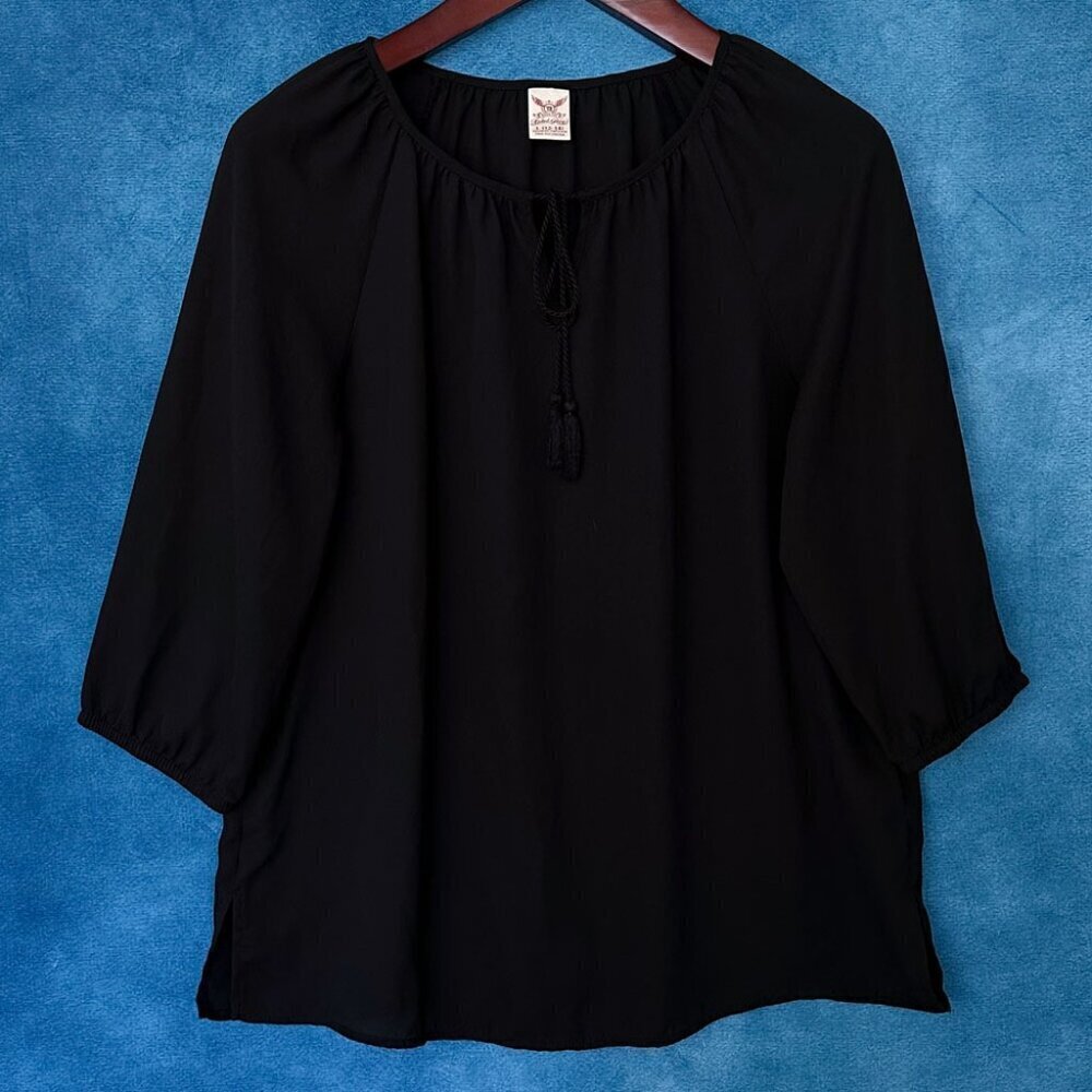Faded Glory Black Gathered-Neckline Blouse, Size L (12-14), EUC